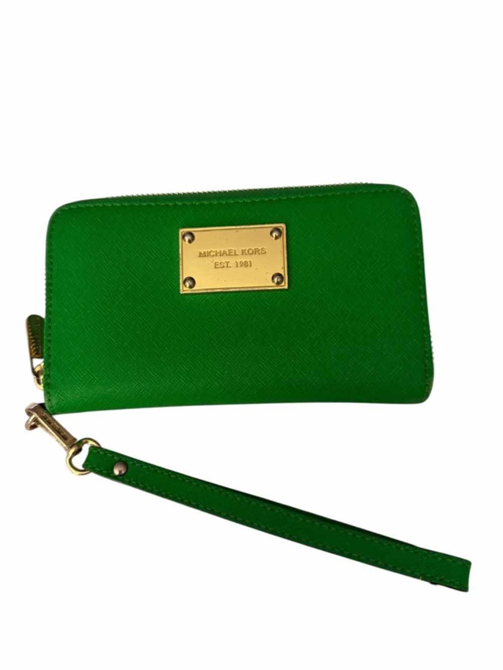Michael Kors Green Saffiano Wristlet Wallet with Gold Plaque